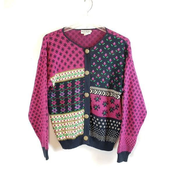 Vtg Bonnie Noble SIZE S / M Abstract Cozy Grandma Floral Button Down Sweater - Picture 7 of 10